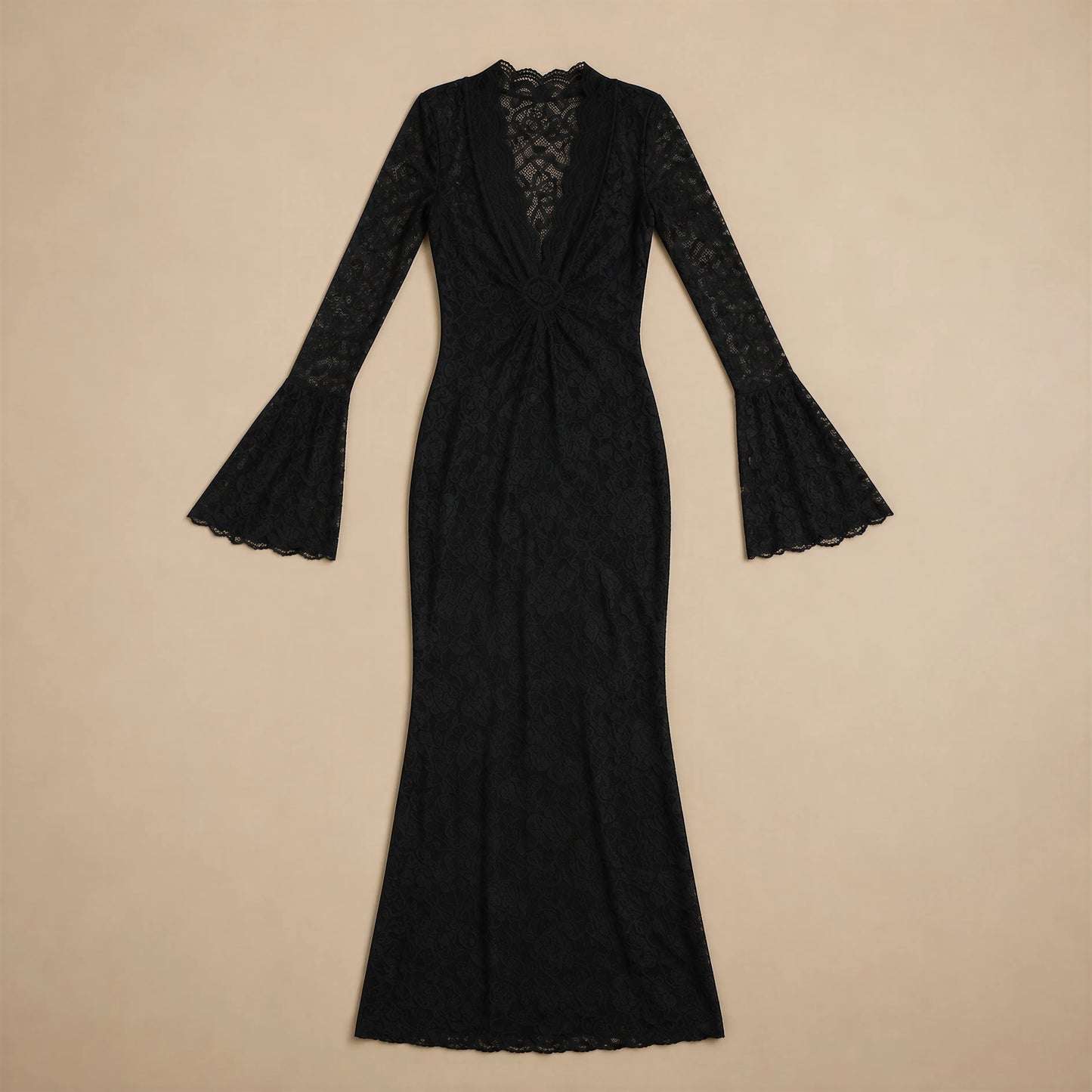 Robe Maxi en Dentelle Transparente à Manches Évasées Fanara