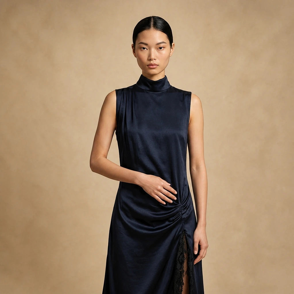 Robe Courte Satinée à Col Montant et Dentelle Fassio