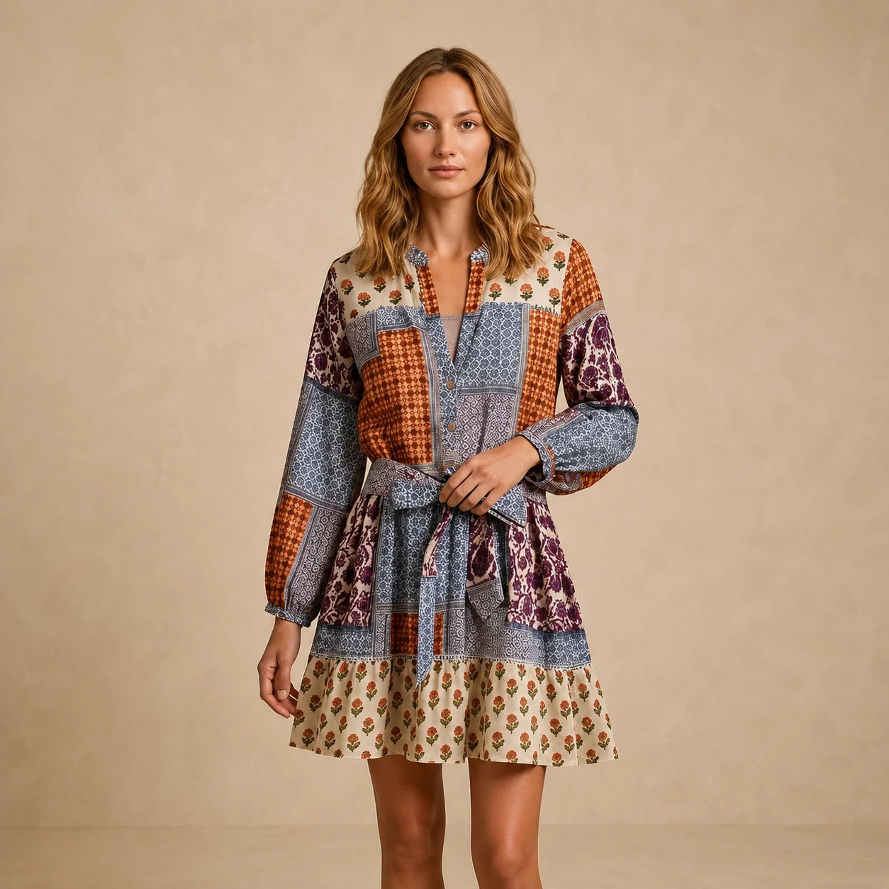 Robe Courte à Manches Longues et Imprimé Graphique Nucci