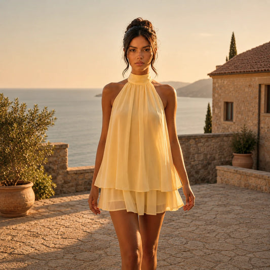 Robe Dos Nu à Col Licou et Voile Drapé Marzia