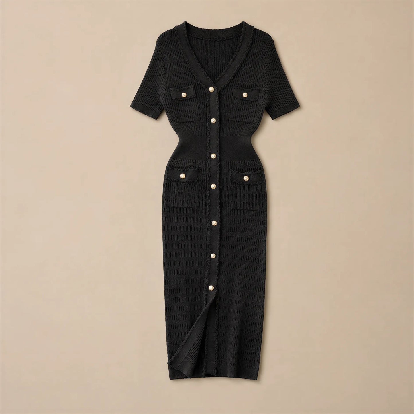 Robe Midi Tricotée à Boutonnage Perles Carlina