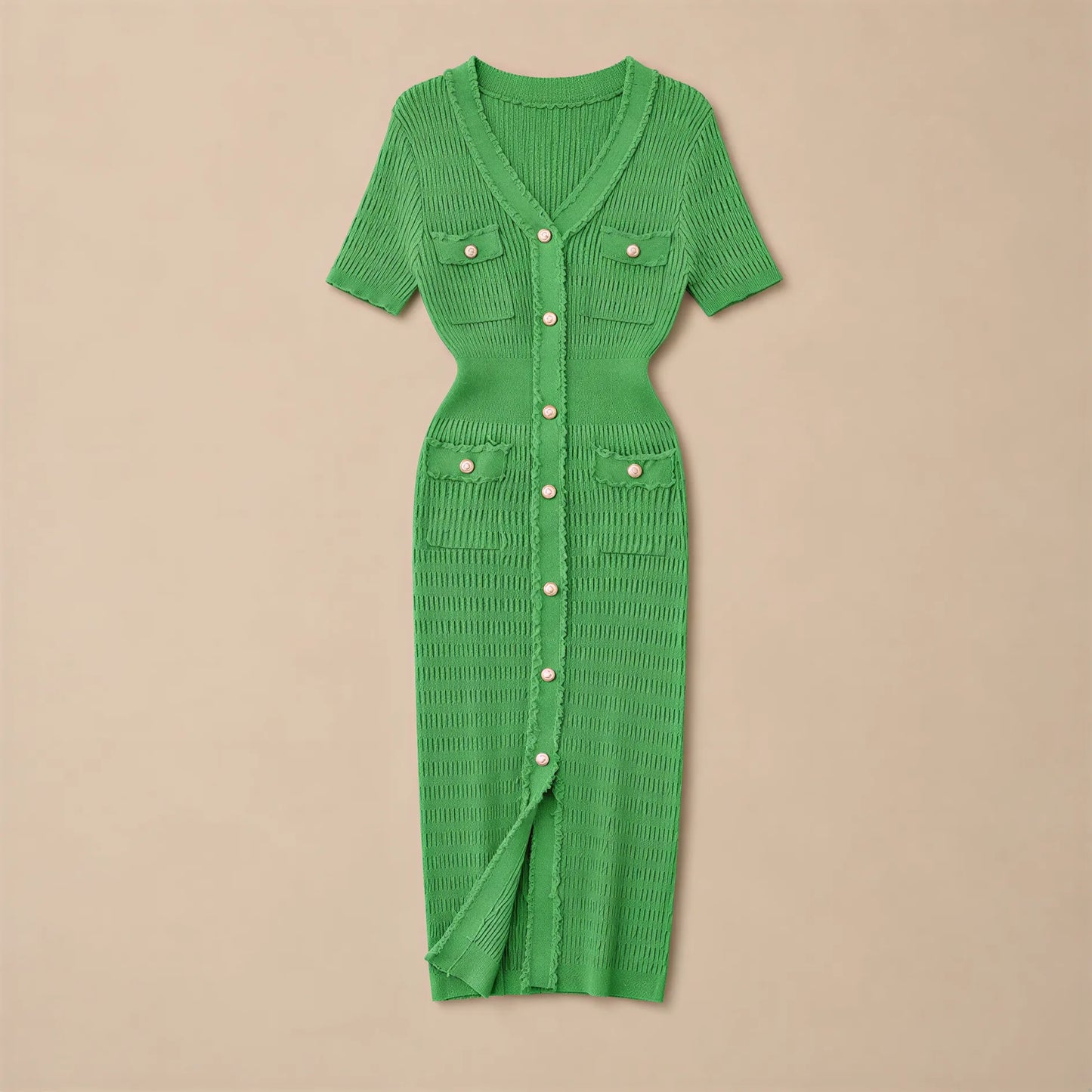 Robe Midi Tricotée à Boutonnage Perles Carlina