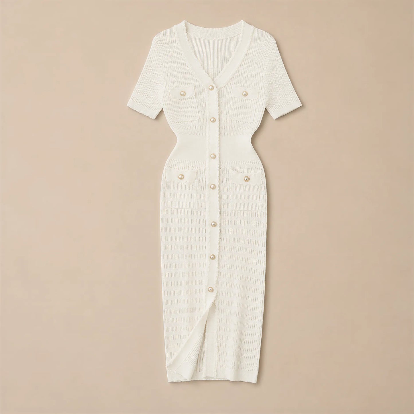 Robe Midi Tricotée à Boutonnage Perles Carlina