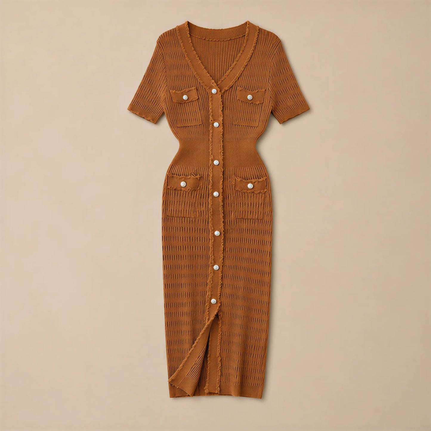 Robe Midi Tricotée à Boutonnage Perles Carlina