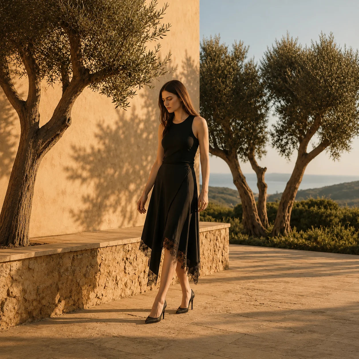 Jupe Midi Asymétrique Satin et en Dentelle Macri