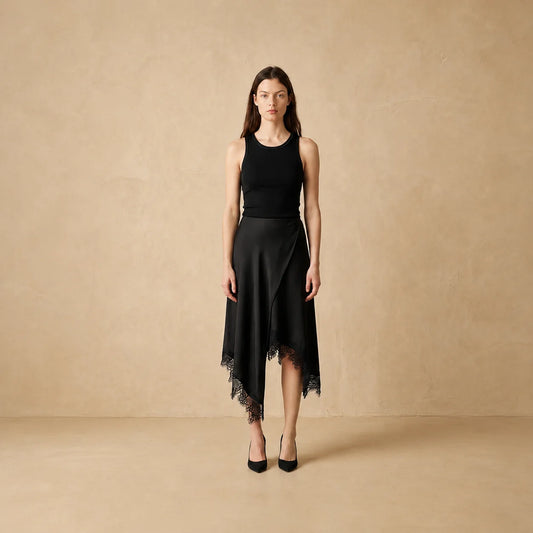 Jupe Midi Asymétrique Satin et en Dentelle Macri