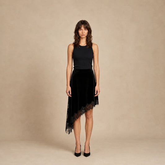 Jupe Midi Asymétrique en Velours et Dentelle Serafina
