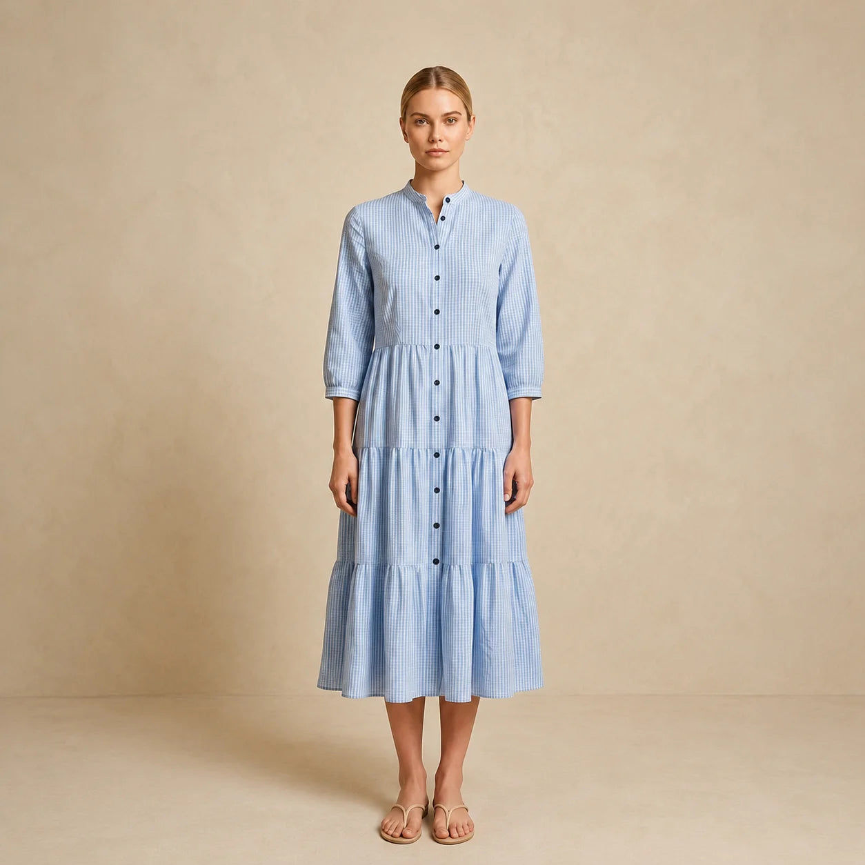Robe Chemise Midi à Col Officier et Plis Fluides Soli