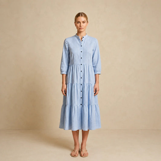 Robe Chemise Midi à Col Officier et Plis Fluides Soli