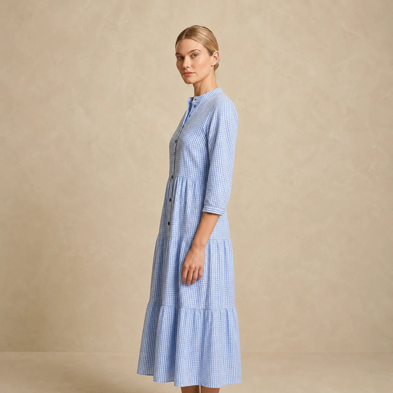 Robe Chemise Midi à Col Officier et Plis Fluides Soli