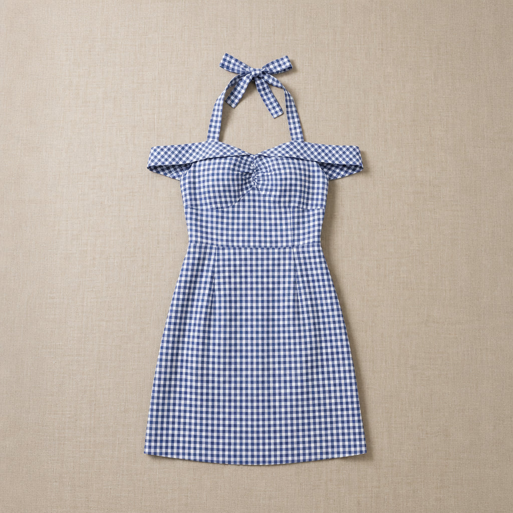 Robe Cintrée à Carreaux et Col Licou Noué Carli