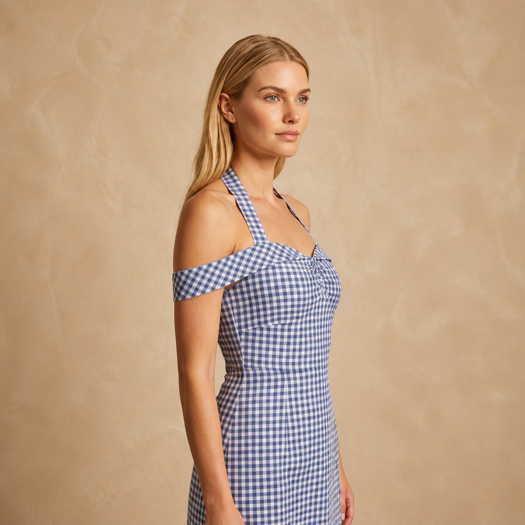 Robe Cintrée à Carreaux et Col Licou Noué Carli