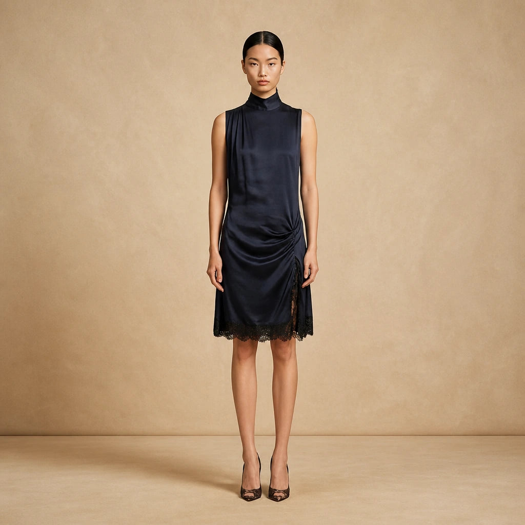 Robe Courte Satinée à Col Montant et Dentelle Fassio