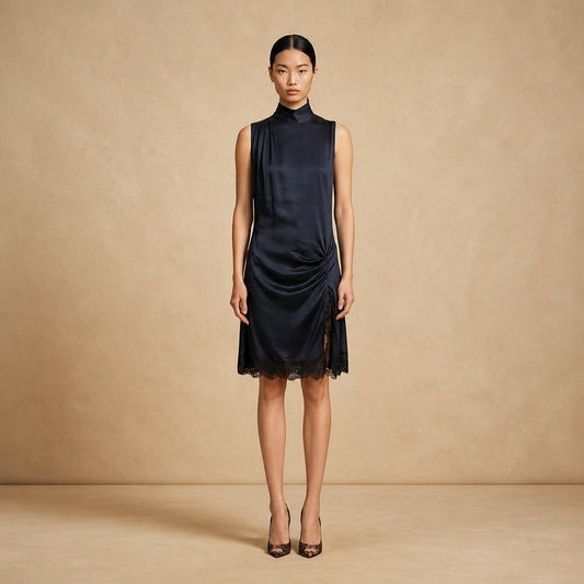 Robe Courte Satinée à Col Montant et Dentelle Fassio