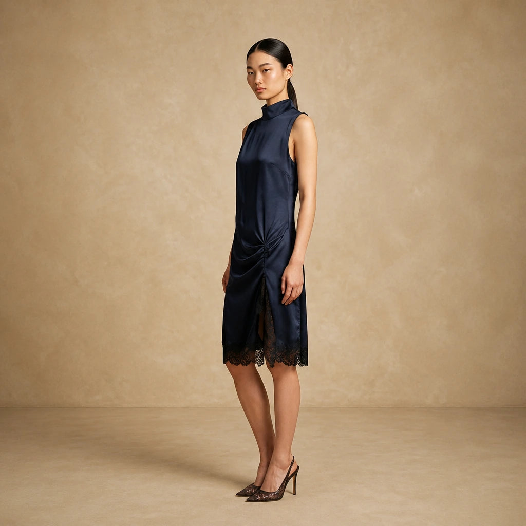Robe Courte Satinée à Col Montant et Dentelle Fassio