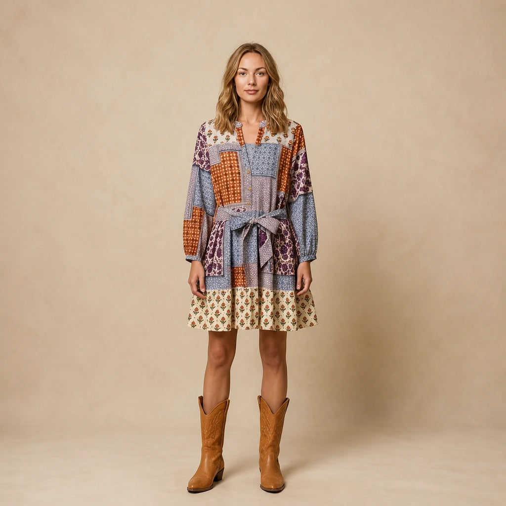 Robe Courte à Manches Longues et Imprimé Graphique Nucci