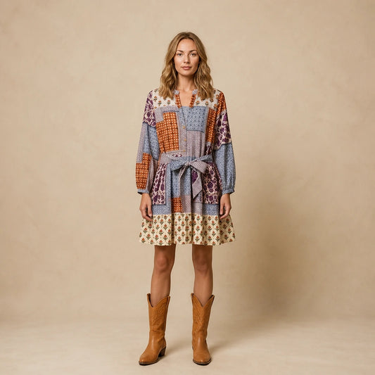 Robe Courte à Manches Longues et Imprimé Graphique Nucci