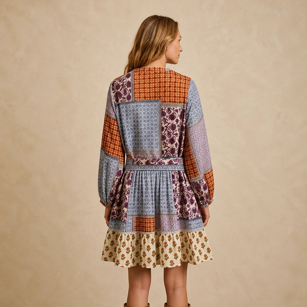 Robe Courte à Manches Longues et Imprimé Graphique Nucci