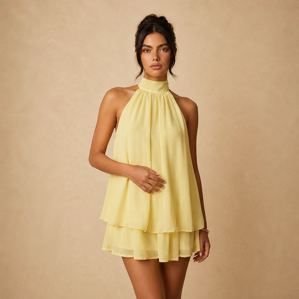 Robe Dos Nu à Col Licou et Voile Drapé Marzia