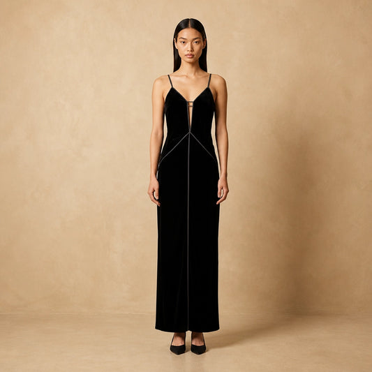 Robe Longue Ajustée en Velours Noir Cuzia