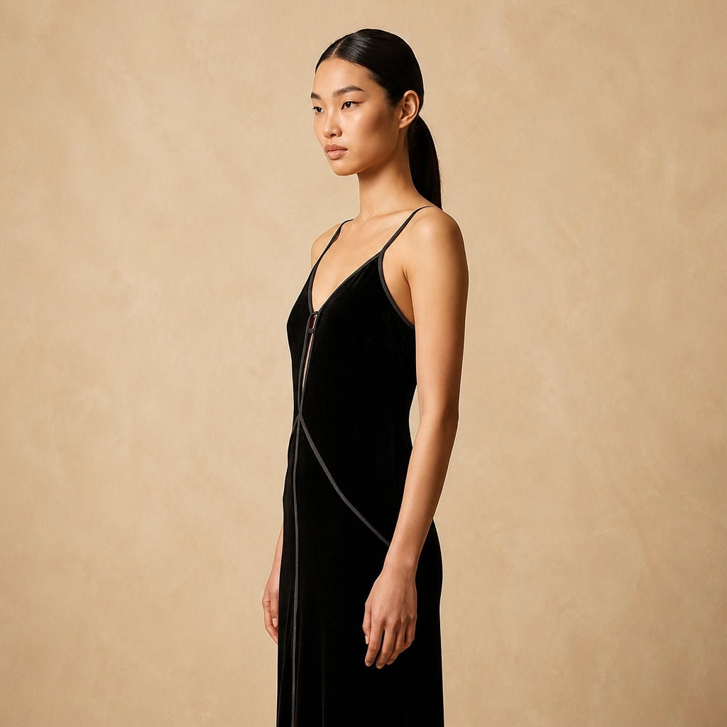 Robe Longue Ajustée en Velours Noir Cuzia