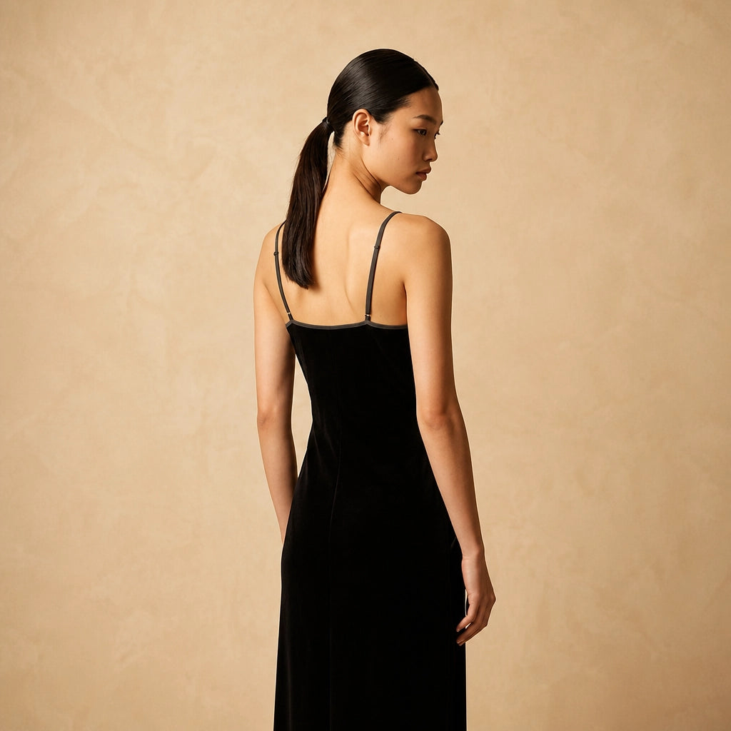 Robe Longue Ajustée en Velours Noir Cuzia