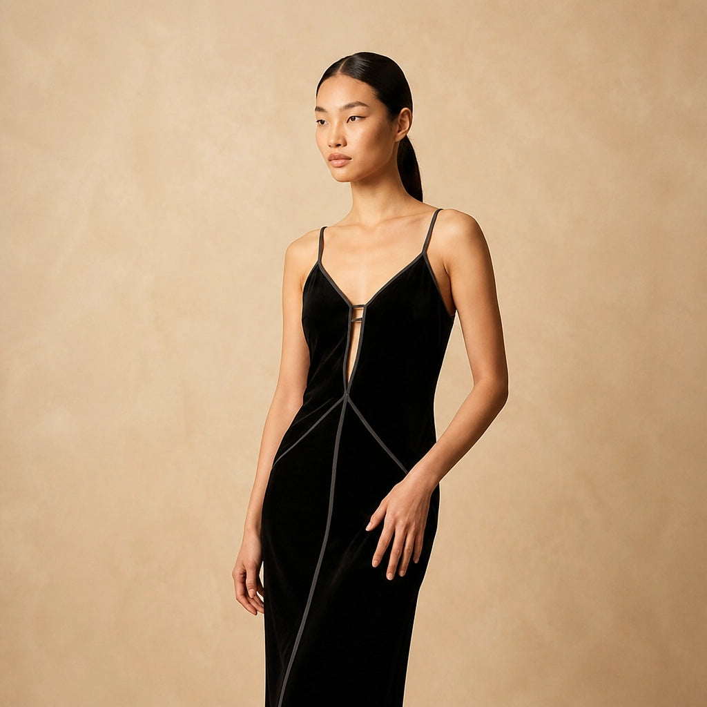 Robe Longue Ajustée en Velours Noir Cuzia