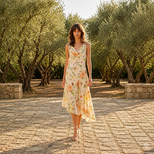 Robe Longue Asymétrique au Décolleté Drapé Cascade Liana