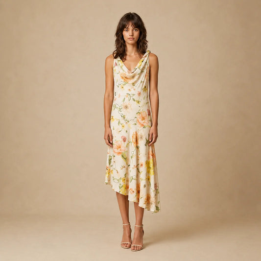Robe Longue Asymétrique au Décolleté Drapé Cascade Liana