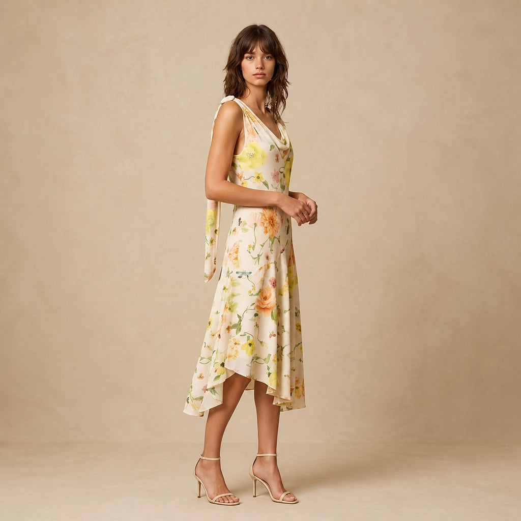 Robe Longue Asymétrique au Décolleté Drapé Cascade Liana
