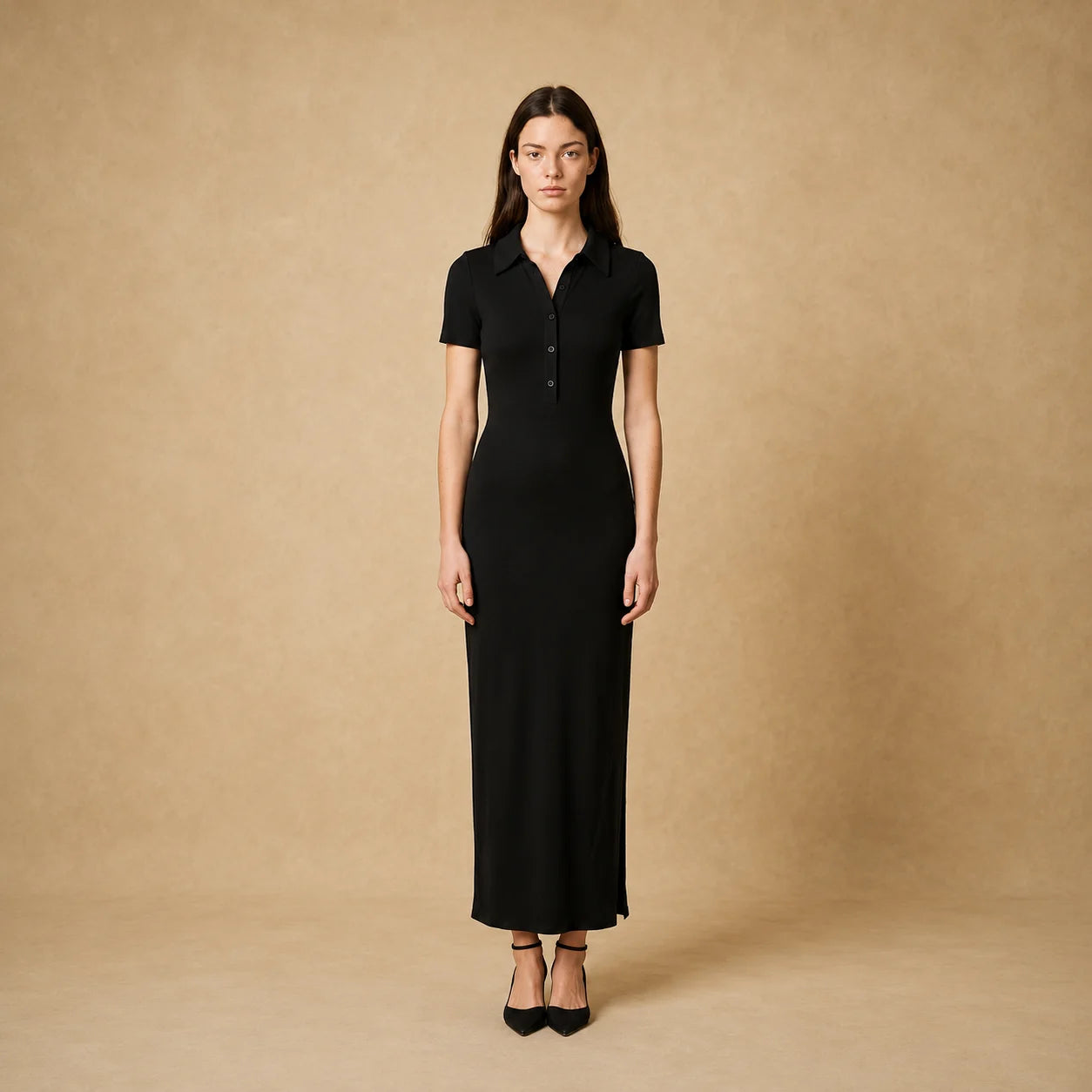 Robe Longue Côtelée à Col Polo Camilla