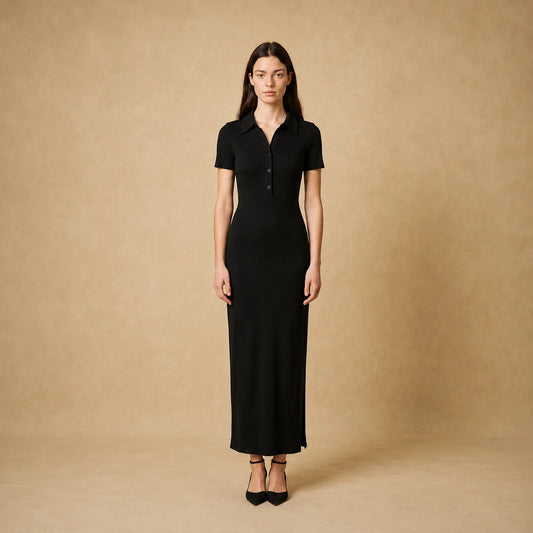 Robe Longue Côtelée à Col Polo Camilla