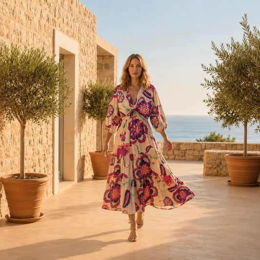 Robe Longue Fluide à Encolure V et Motifs Graphiques Dulina