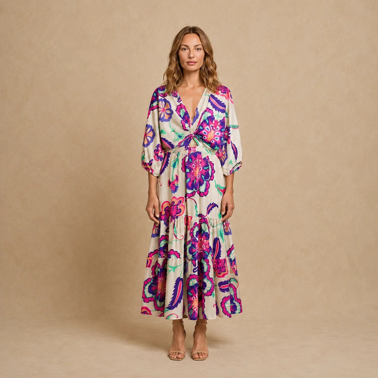 Robe Longue Fluide à Encolure V et Motifs Graphiques Dulina
