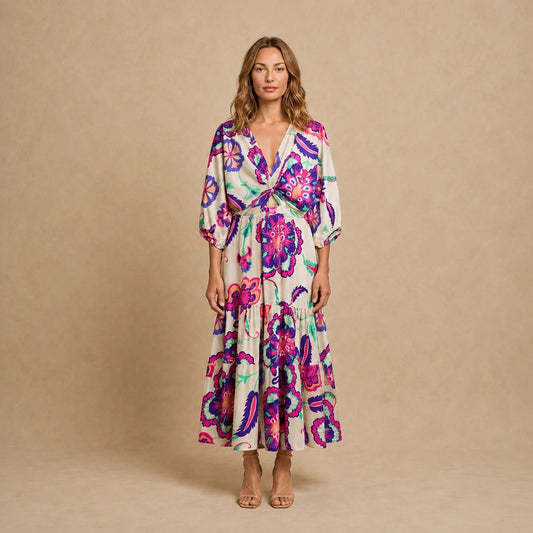 Robe Longue Fluide à Encolure V et Motifs Graphiques Dulina