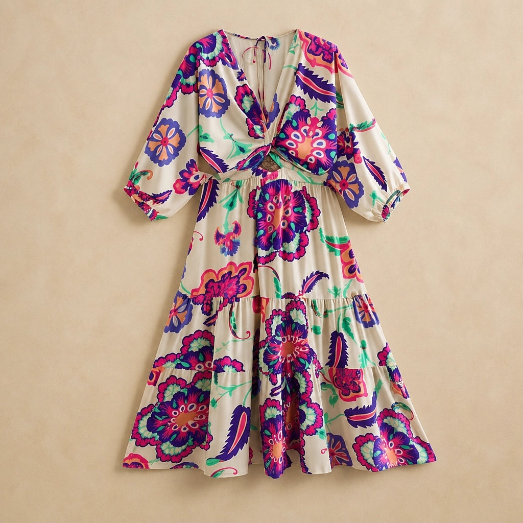 Robe Longue Fluide à Encolure V et Motifs Graphiques Dulina