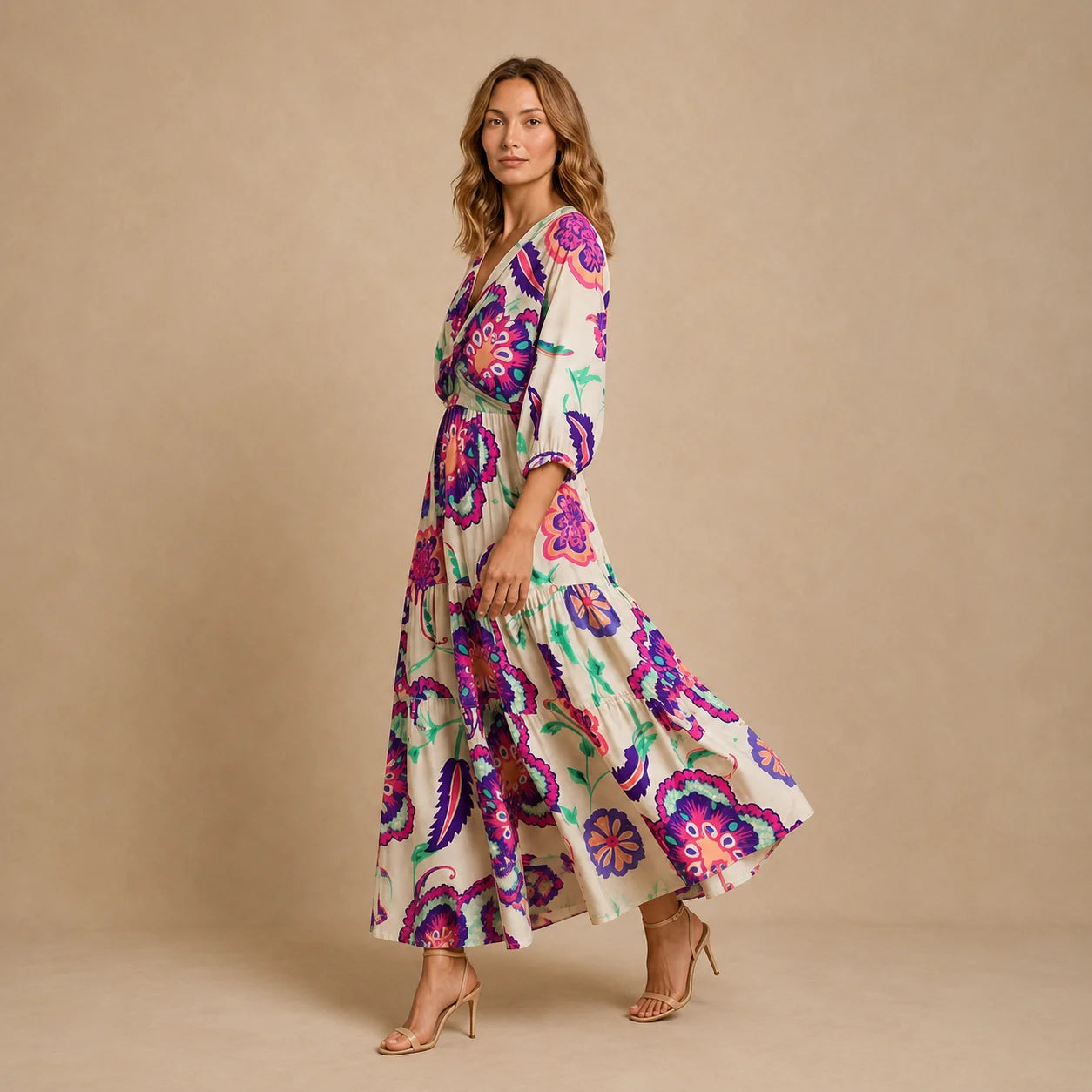 Robe Longue Fluide à Encolure V et Motifs Graphiques Dulina