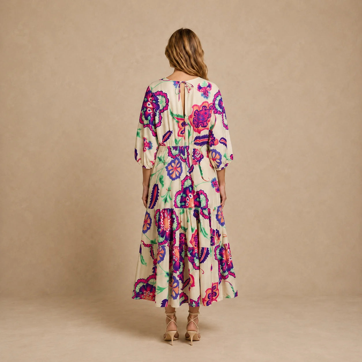 Robe Longue Fluide à Encolure V et Motifs Graphiques Dulina