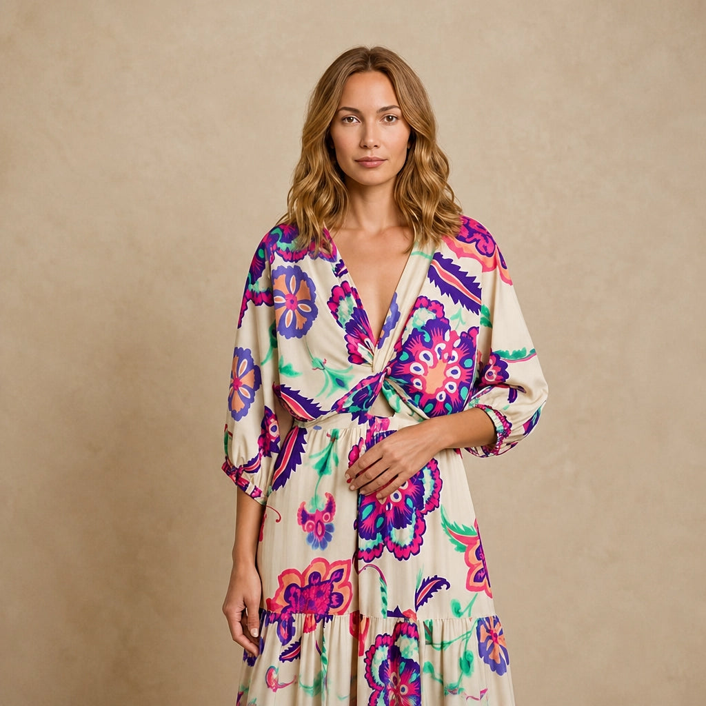 Robe Longue Fluide à Encolure V et Motifs Graphiques Dulina