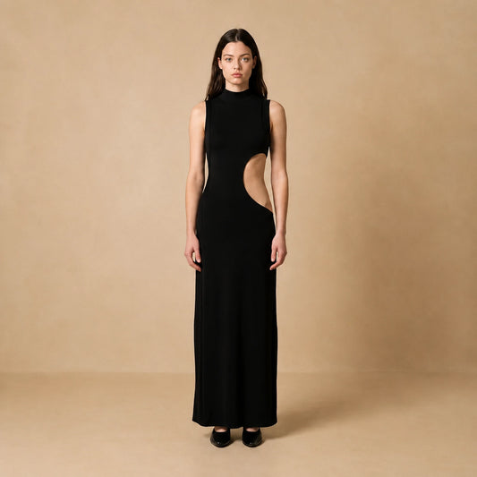 Robe Longue Noire à Découpes Graphiques Alessia