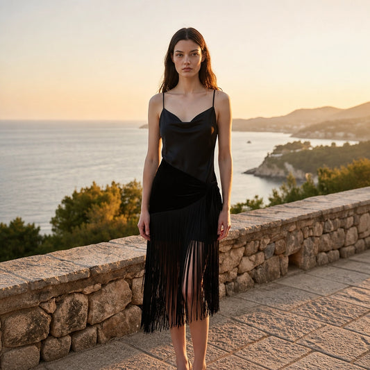 Robe Longue Noire à Franges Marcella