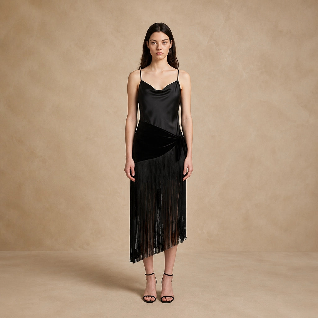 Robe Longue Noire à Franges Marcella