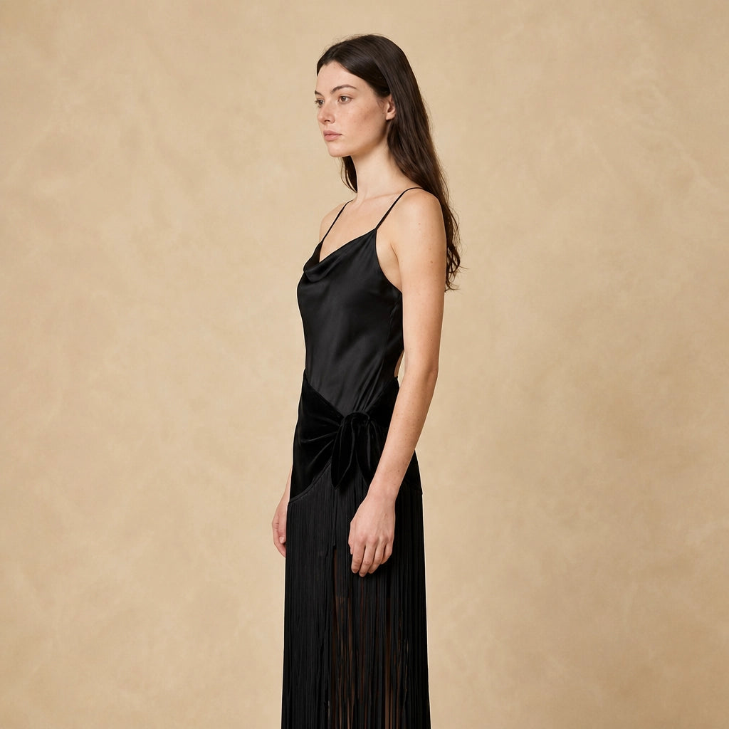 Robe Longue Noire à Franges Marcella