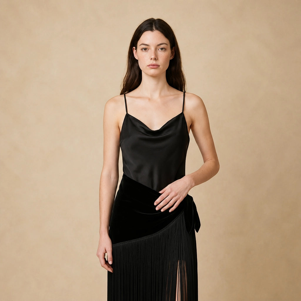 Robe Longue Noire à Franges Marcella