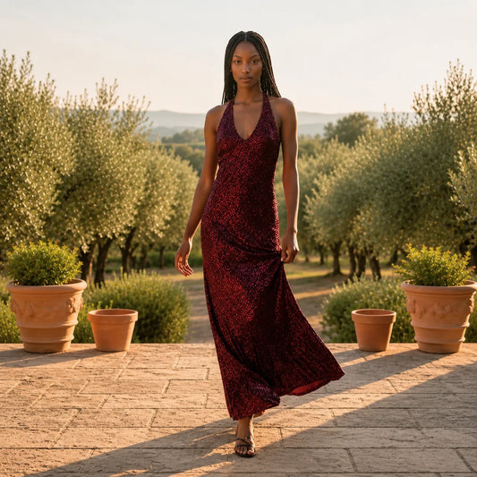 Robe Longue Sculpturale Brillante à Décolleté V Azelia