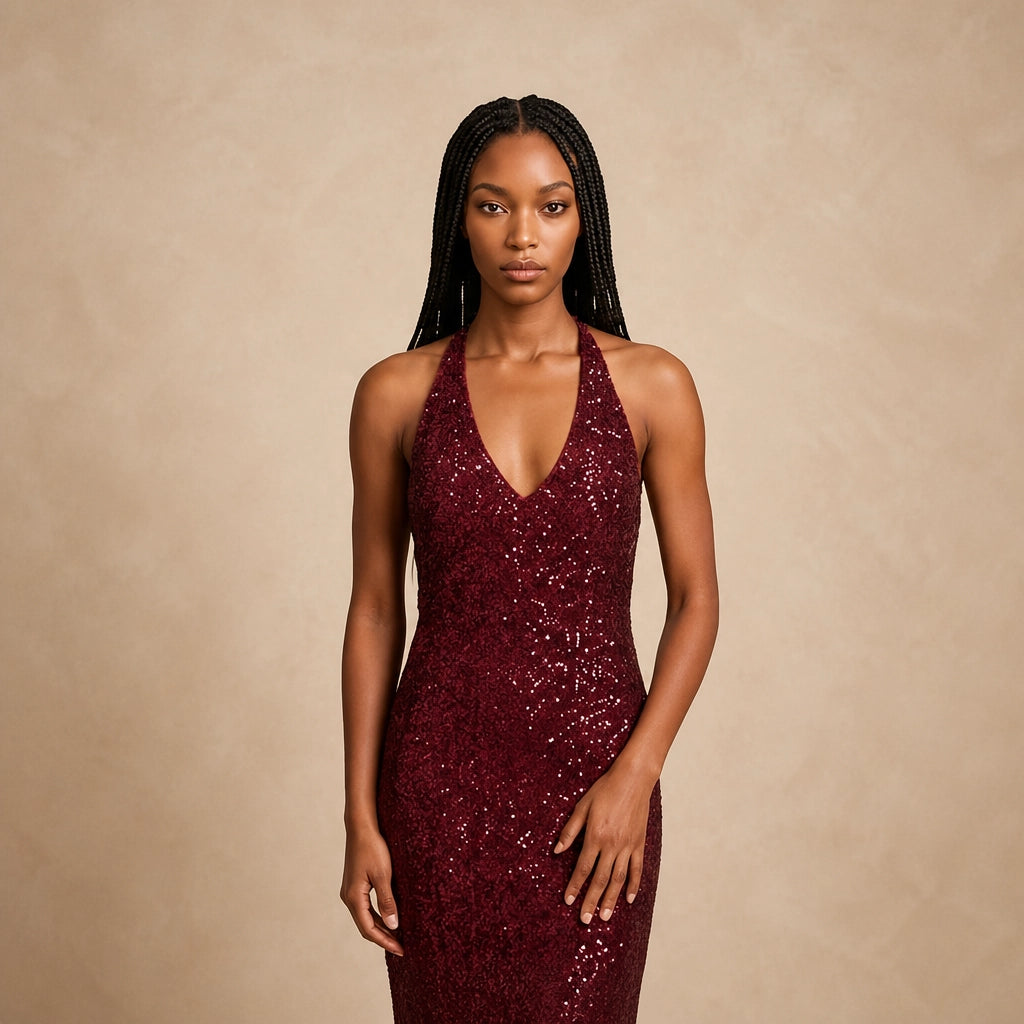 Robe Longue Sculpturale Brillante à Décolleté V Azelia