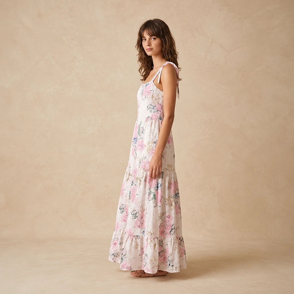 Robe Longue à Broderies Florales Carmela
