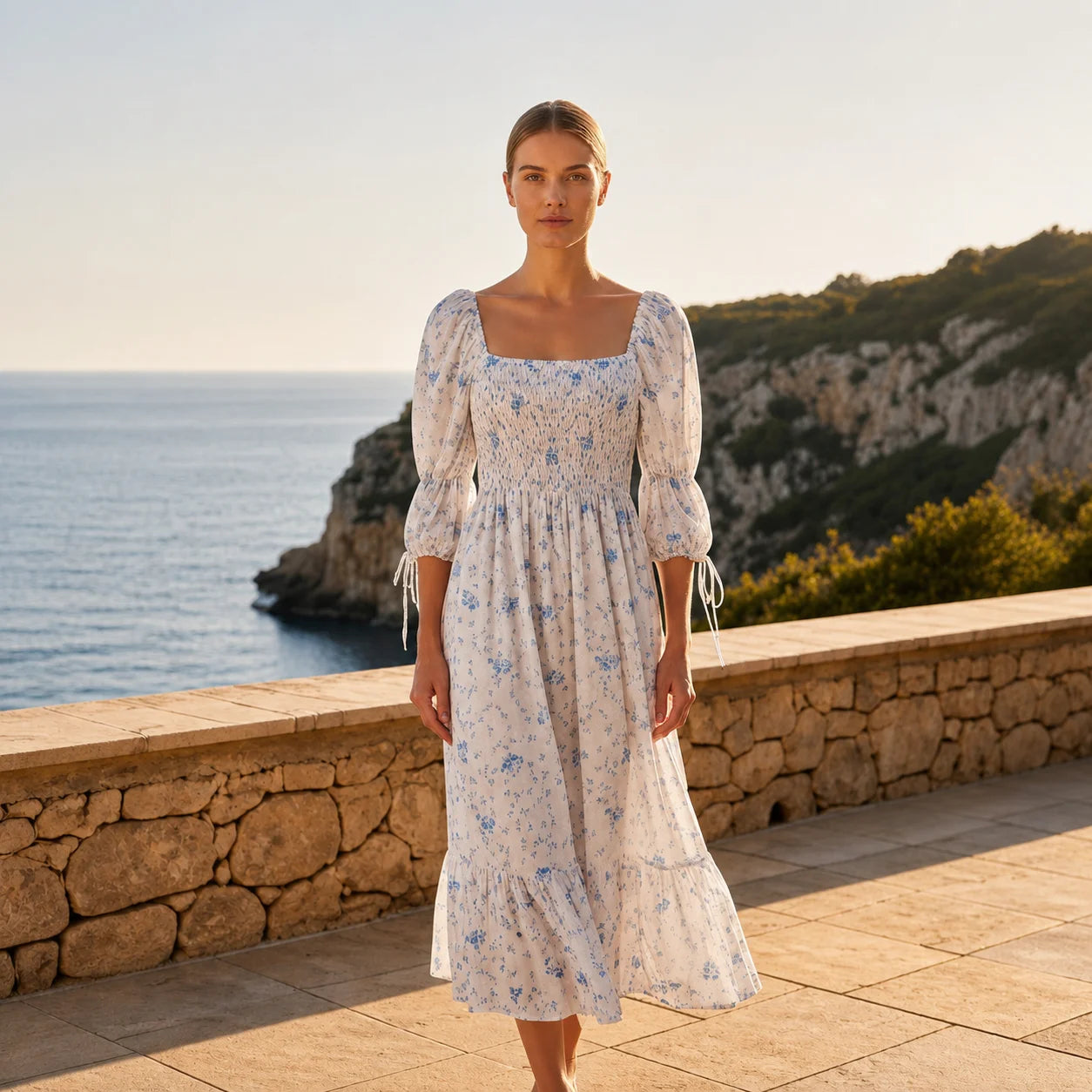 Robe Longue à Col Carré et Imprimé Danieli