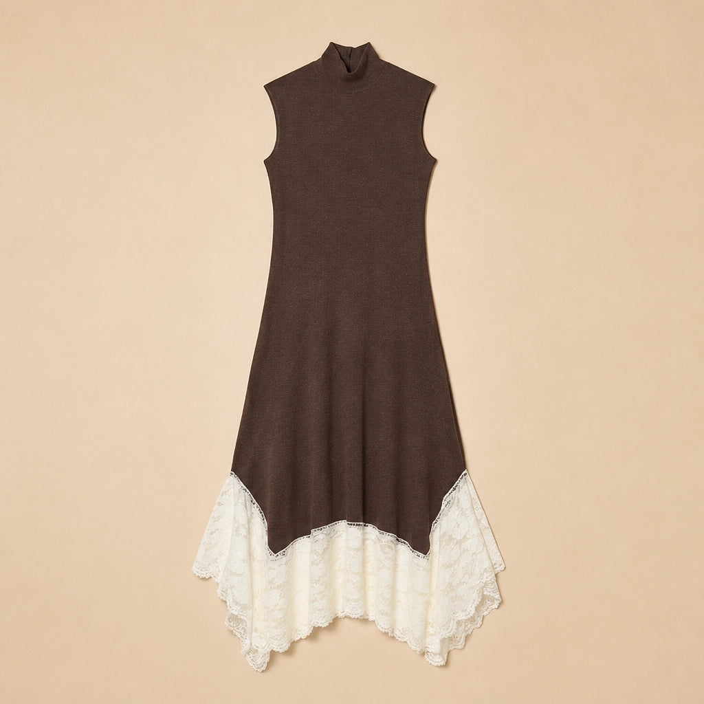 Robe Longue à Col Cheminée et Dentelle Colli