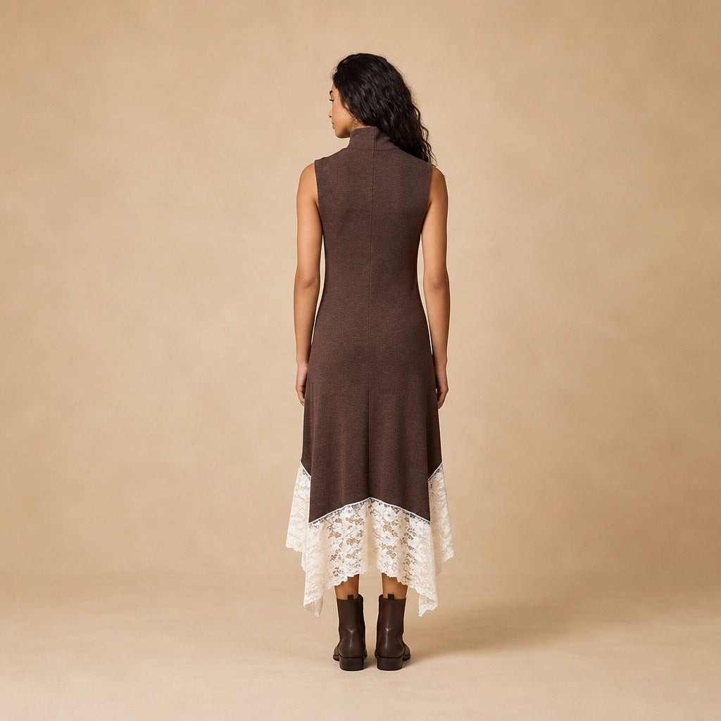 Robe Longue à Col Cheminée et Dentelle Colli